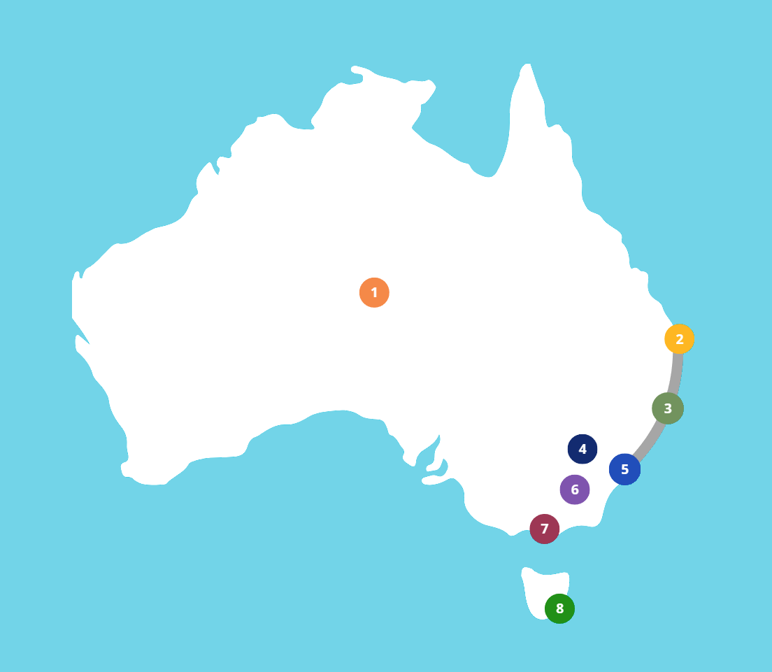 Carte de l’Australie avec repères numérotés correspondant aux destinations du guide